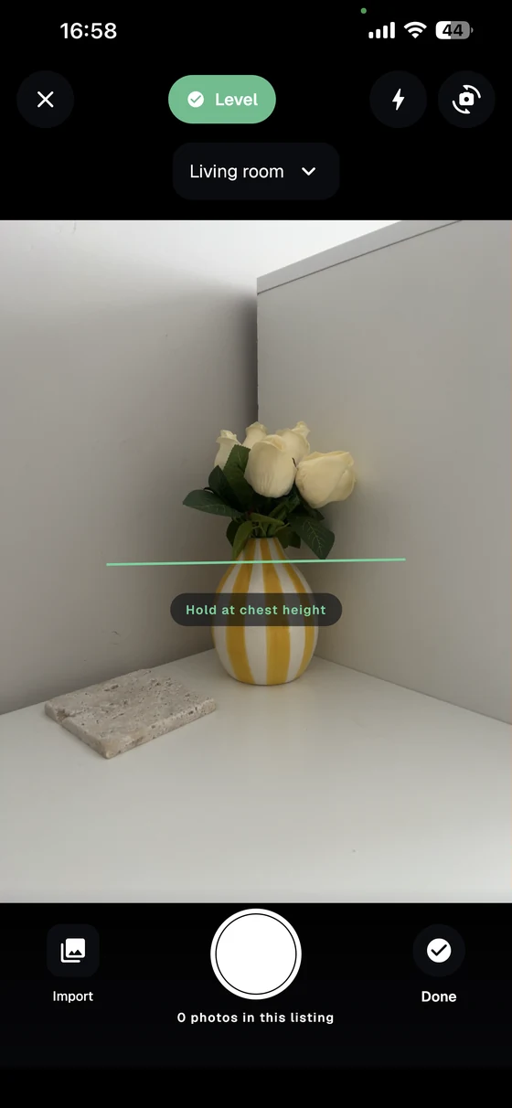CurbShot camera with a level guide, room selector and import button