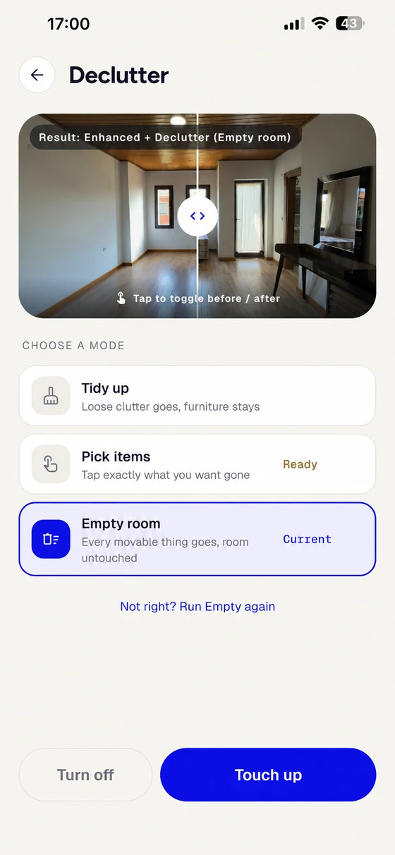 Declutter screen with Tidy up, Pick items and Empty room options