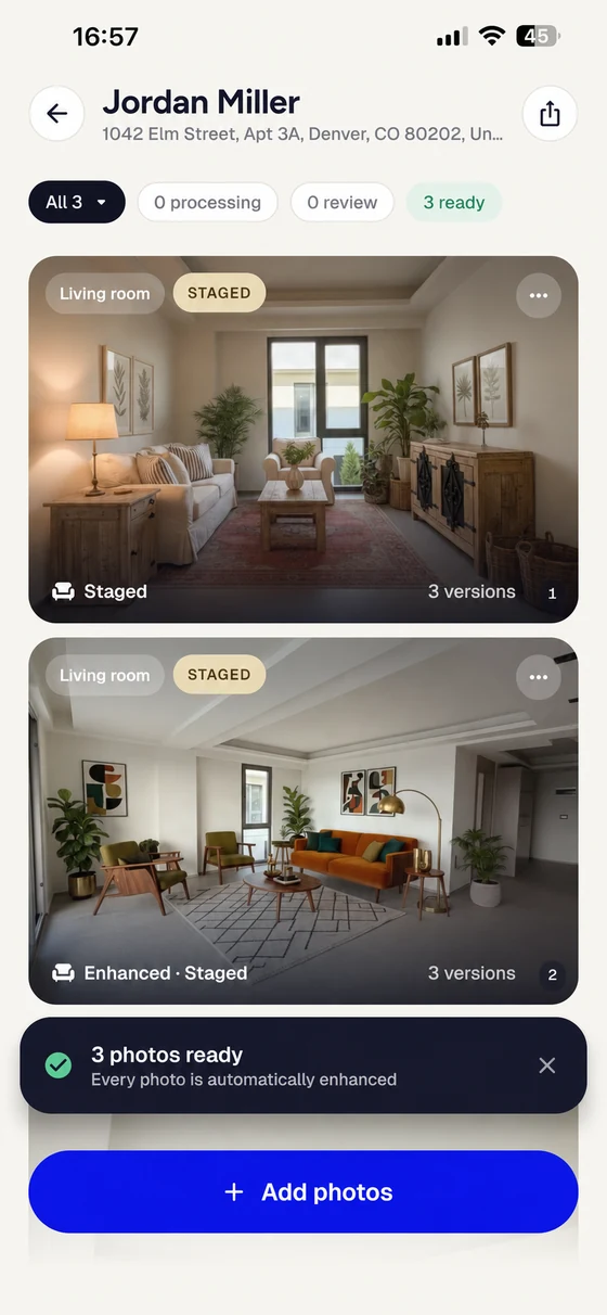 Photos within a property listing with edit versions and photo status