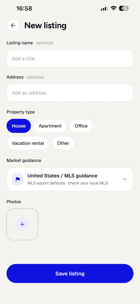 New listing screen with title, address, property type, market guidance and photo upload