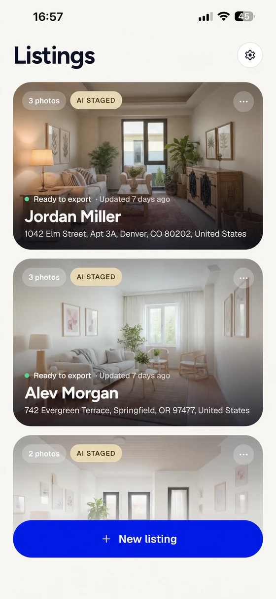 Listings overview with separate property cards and a New listing button