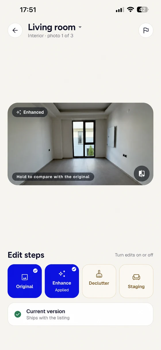 Photo detail showing an enhanced living room and the applied Enhance step