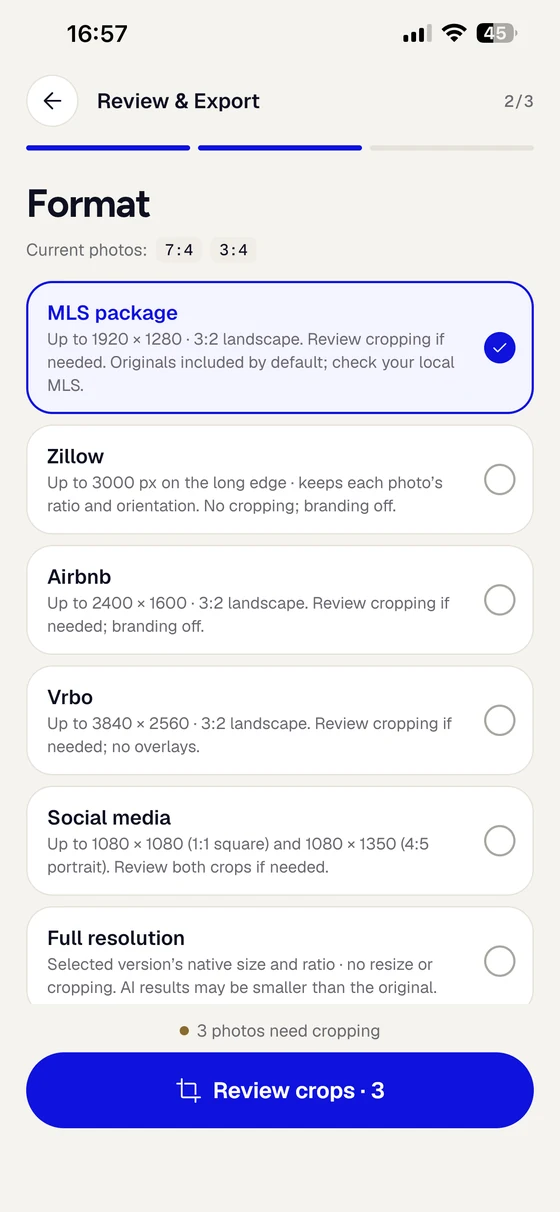 Review and Export format choices with MLS, Zillow, Airbnb, Vrbo and social media