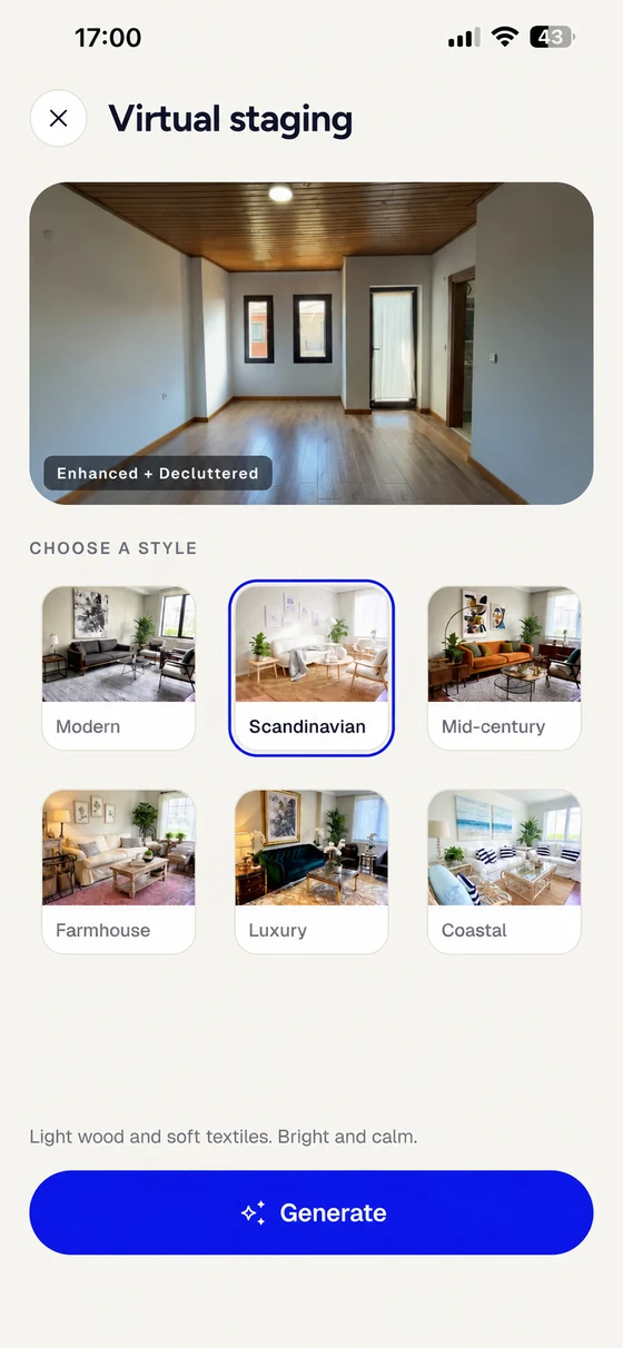 Virtual staging screen with six furnishing styles and Scandinavian selected